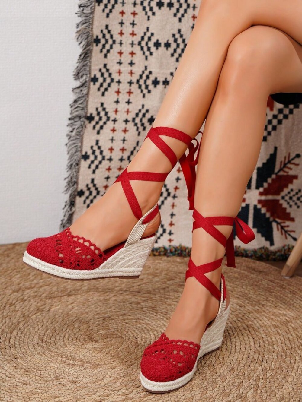 Red Bohemian Women's Platform Slip-On Wedge Sandals with Ankle Strap